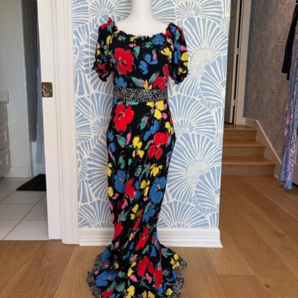 RIXO For Target Black Floral Off the Shoulder Puff Sleeve Maxi Dress Size 6 - Picture 2 of 8
